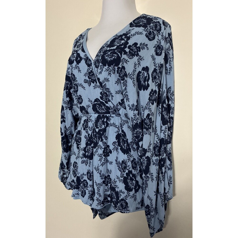 Womens Large Boho Romper Blue Floral Deep V-neck Dolman Sleeve Keyhole Button - Picture 2 of 16